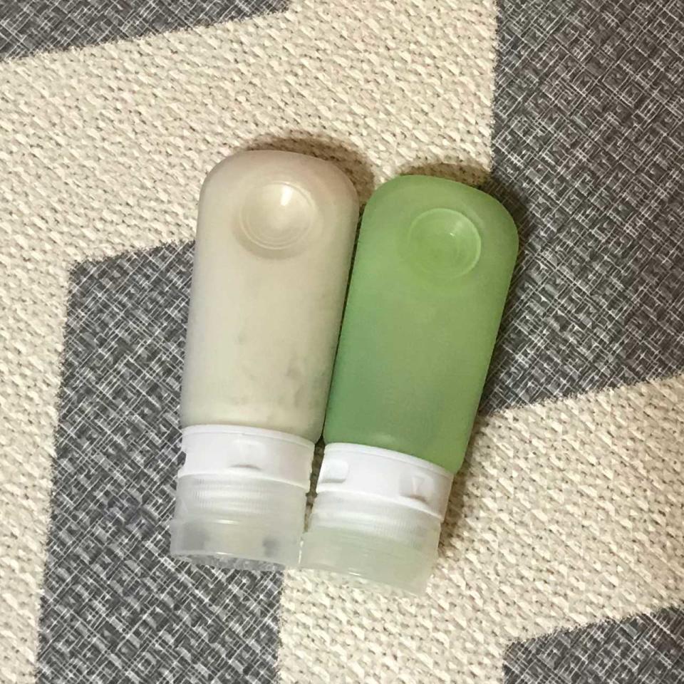 Our GoToob travel suction bottles with shampoo and conditioner in each bottle. Photo: Mummy and Daddy Daycare
