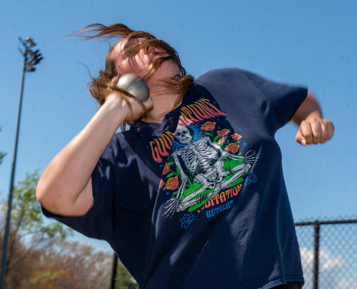 Franklin High School track shot putter Darby Nicholson, at practice, May 2, 2024.