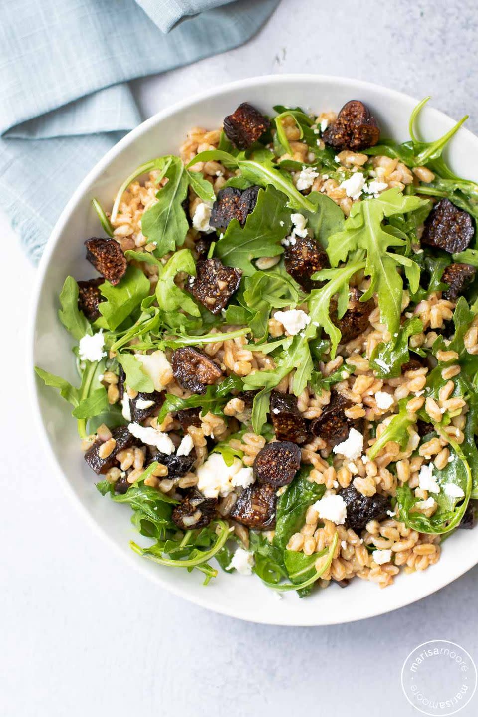 <p>Sweet dried figs, hearty farro, tart goat cheese and bitter arugula combine to make a delicious and filling holiday salad.</p><p><strong>Get the recipe at <a href="https://marisamoore.com/fig-farro-salad/" rel="nofollow noopener" target="_blank" data-ylk="slk:Marisa Moore;elm:context_link;itc:0;sec:content-canvas" class="link ">Marisa Moore</a>.</strong> </p>