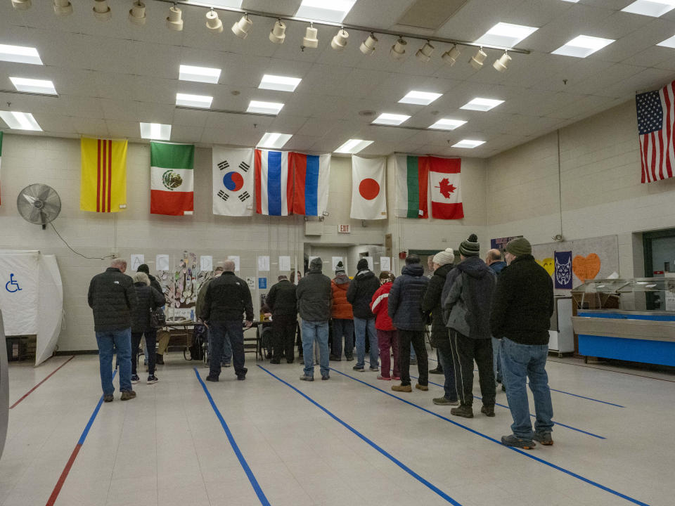 A few dozen voters stand in lines in a large drab room with a drop ceiling from which flags from various nations are hung.
