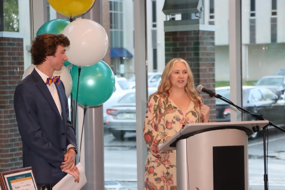 Forestview High School's 2024 Star Student Riley Rouse stands next to his Star Teacher Lindsey Dickerson-Beverly at a ceremony held on April 11, 2024.