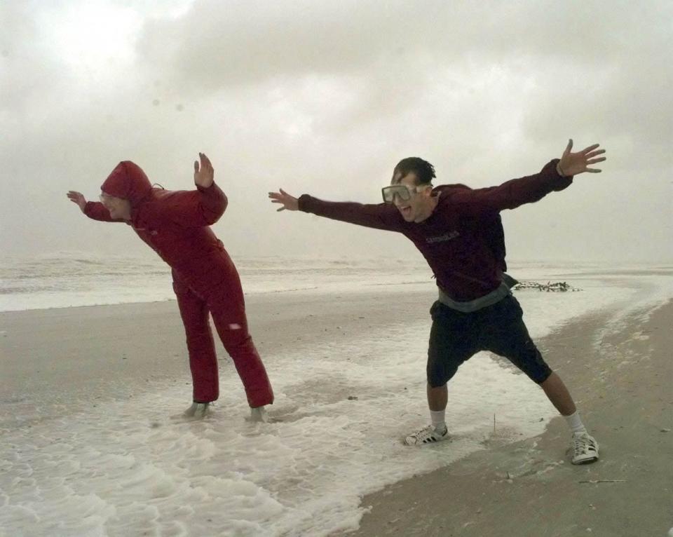 Greg Cook, left, and Scott Harkey tested the winds of Hurricane Floyd at Jacksonville Beach. The 1999 storm lumbered slightly to the north of            its projected path, sparing the Beaches.