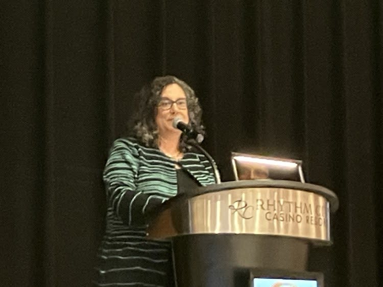 Moline Mayor Sangeetha Rayapati speaks at the Project NOW poverty conference Thursday, April 18, 2024, at Rhythm City Casino Event Center, Davenport (photo by Jonathan Turner).