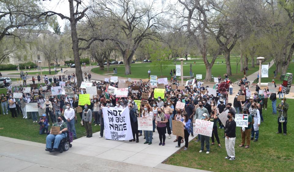 Protestors gather at Colorado State University in Fort Collins, Colo., on Monday, April 29, 2024, to demand an academic boycott and divestment from entities supporting U.S. defense contractors and Israel's military in response to Israel's attacks on the Gaza Strip in an event organized by Students for Justice in Palestine.
