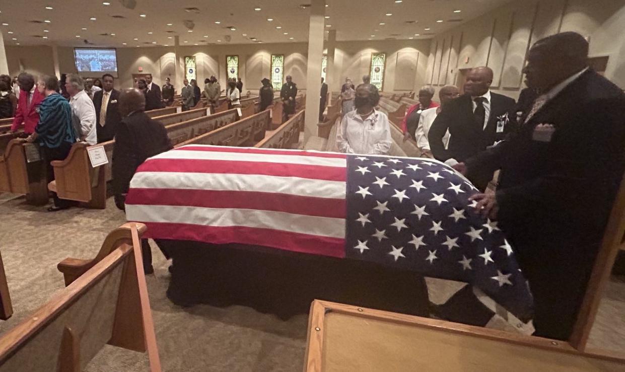 The flag-draped casket of retired Col. Porcher L. Taylor Jr. is wheeled into the sanctuary of Good Shepherd Baptist Church in Petersburg Saturday, June 29, 2024. Taylor, a decorated military man, educator and community advocate, died May 26. He was 98.