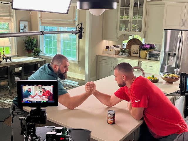 <p>Campbellâ€™s Chunky</p> Jason Kelce and Travis Kelce on the set of the Campbell's Chunky ad