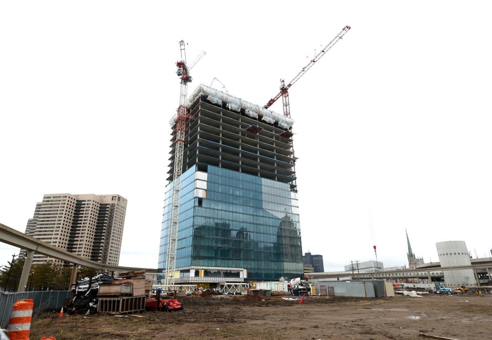 The Residences at Water Square apartments are under construction at the site of the former Joe Louis Arena, where the Detroit Red Wings used to play on the riverfront in Detroit on March 23, 2023.