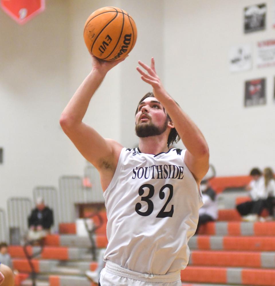 Southside's Will Shirley goes up for a shot against West End during the Etowah County basketball tournament Tuesday, Jan. 18, 2022 in Gaston, Alabama.