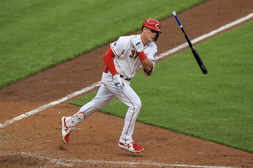 Cincinnati Reds' Tyler Stephenson flips his bat after hitting a walkoff RBI-single during the 10th inning of a baseball game against the Cleveland Indians in Cincinnati, Saturday, April 17, 2021. (AP Photo/Aaron Doster)