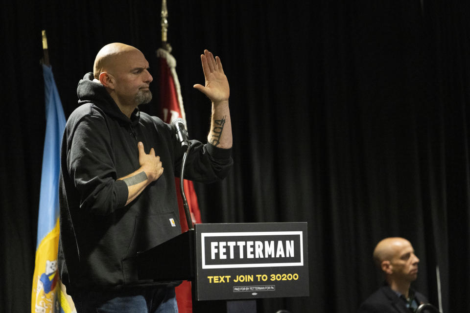 Pennsylvania Lt. Gov. John Fetterman, a Democratic candidate for U.S. Senate, speaks at Temple University in Philadelphia, Saturday, Oct. 29, 2022. (AP Photo/Ryan Collerd)