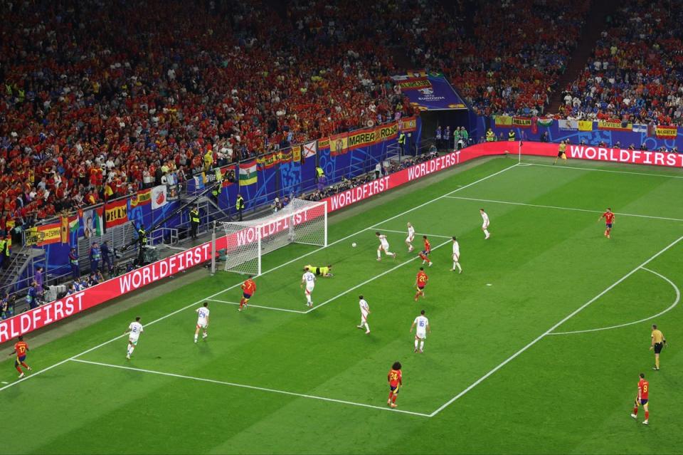 Riccardo Calafiori scores the own goal that settles Italy’s loss to Spain (Getty Images)