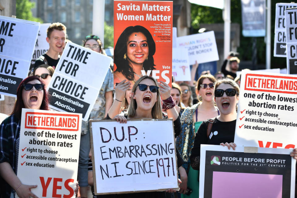 Pro-choice campaigners at a rally in Belfast on Monday (Picture: Getty)