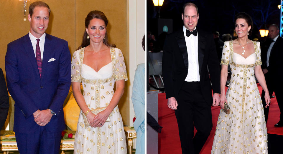 The Duchess of Cambridge re-wore an Alexander McQueen number from 2012 at the 2020 BAFTAs. [Photo: Getty/PA]