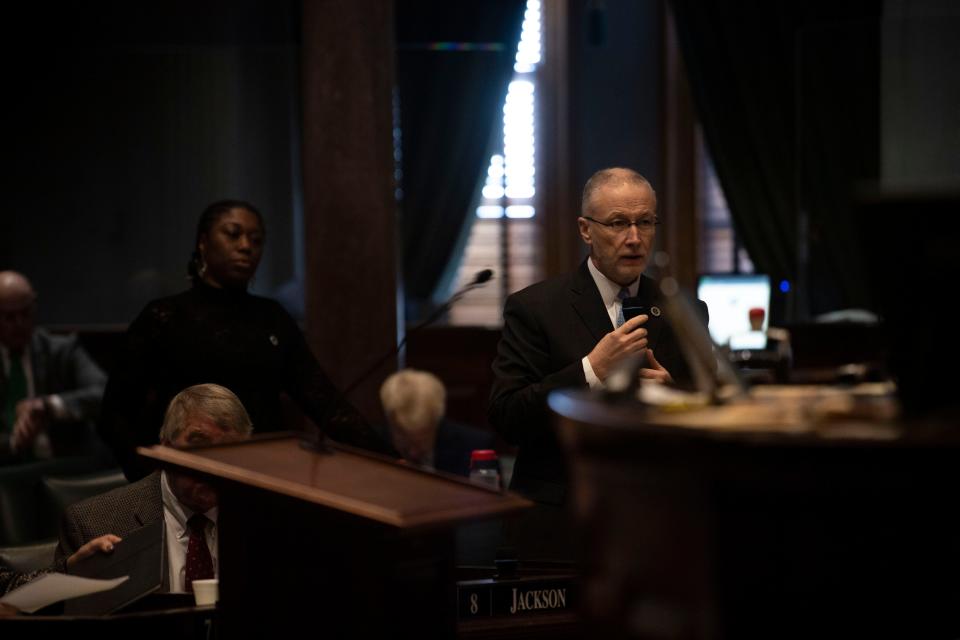 Sen. Brent Taylor, R- Memphis, defends HB 1931, Sen.Charlane Oliver, D- Nashville, during a Senate session at the Tennessee state Capitol in Nashville , Tenn., Thursday, March 14, 2024.