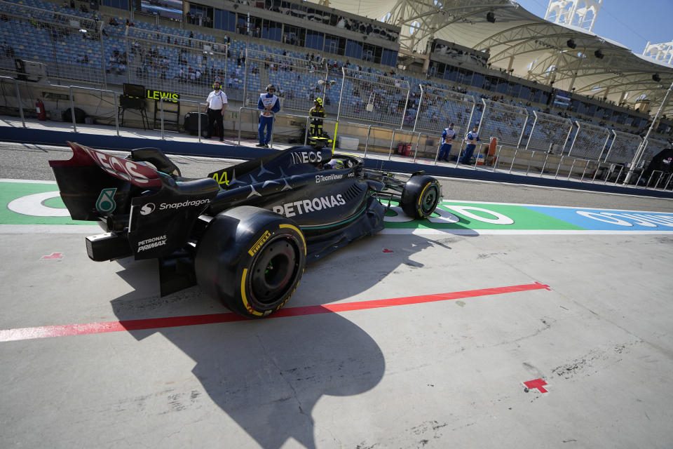 Mercedes driver Lewis Hamilton of Britain leaves the pit lane during practice for the Bahrain Grand Prix in Sakhir, Friday, March 3, 2023. (AP Photo/Ariel Schalit