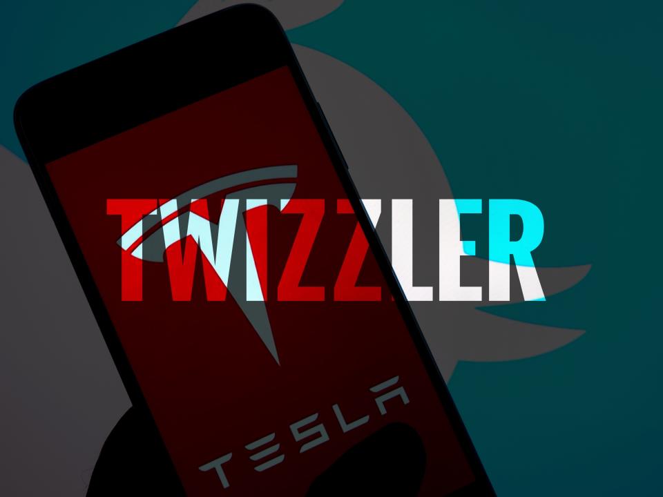 A montage of Tesla and Twitter logos with Twizzler written in front of the logos.