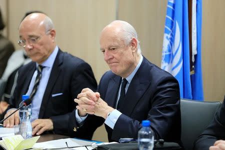 UN Special Envoy for Syria Staffan de Mistura (R) attends a meeting of Intra-Syria peace talks with Syrian government delegation at Palais des Nations in Geneva, Switzerland, February 25, 2017. REUTERS/Pierre Albouy