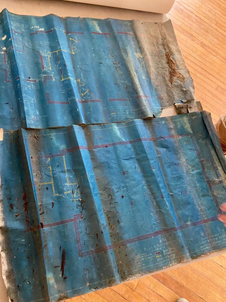 While cleaning out the Unitarian Church of Montpelier, blueprints from 1928 were found tucked under the stage. Frisa is now working to salvage the prints.