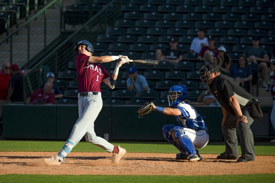 Perry High School's Stryder Salas (11) bats during a 6A state baseball tournament game against Chandler High School held at Tempe Diablo Stadium in Tempe on May 7, 2022.