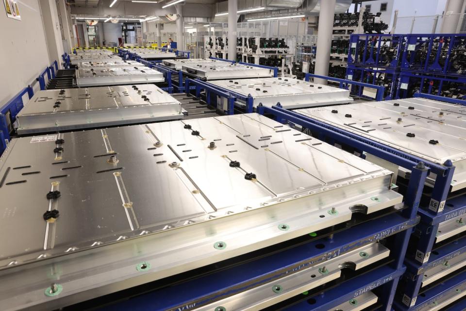 DRESDEN, GERMANY - JUNE 08: Batteries destined for Volkswagen ID.3 electric cars stand stacked at the "Gläserne Manufaktur" ("Glass Manufactory") production facility on June 08, 2021 in Dresden, Germany. The Dresden plant is currently churning out 35 ID.3 cars per day. The ID.3 and ID.4 cars are also produced at VW's Zwickau plat located in the same region.  (Photo by Sean Gallup/Getty Images)