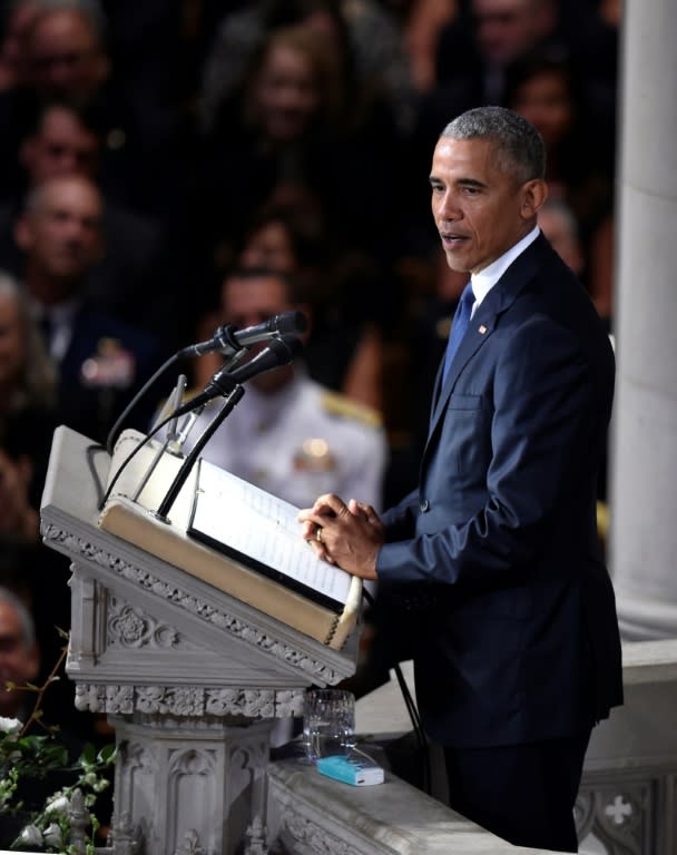 Hailing his friend as "an extraordinary man," warrior and patriot who embodied what is best in America, former president Barack Obama said John McCain "made us better presidents -- just as he made the Senate better, just as he made the country better"