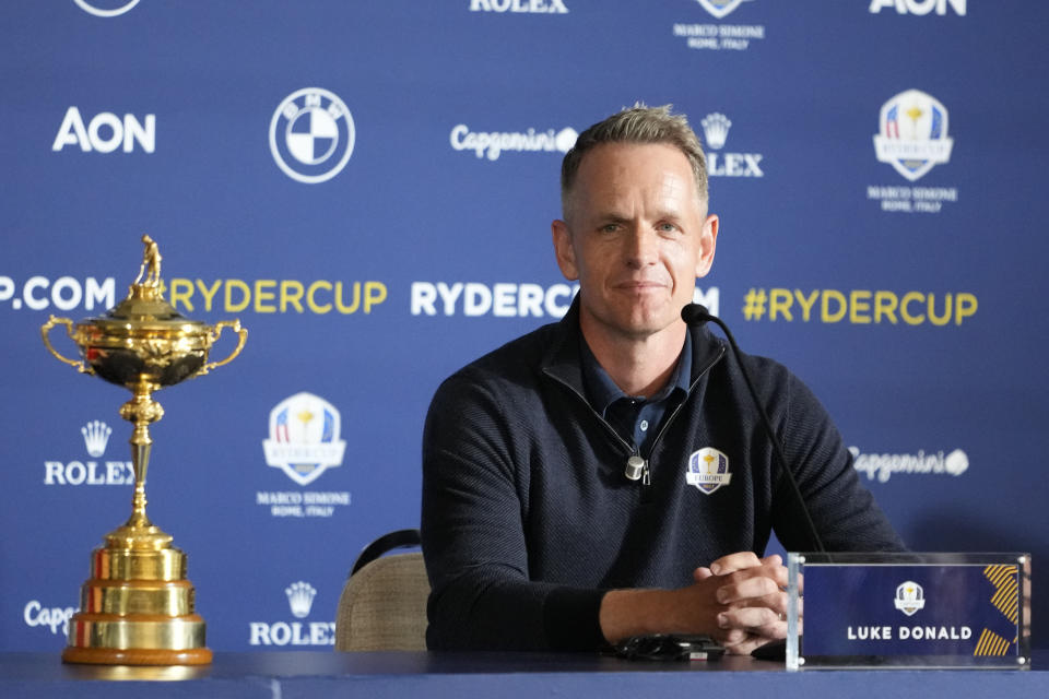 Europe Captain Luke Donald attends a press conference on the occasion of The Year to Go event in Rome, Tuesday, Oct. 4, 2022. The Marco Simone course of Guidonia Montecelio, near Rome, will host the 2023 Ryder Cup. (AP Photo/Alessandra Tarantino)