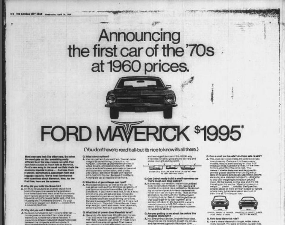 Ford introduces the new Maverick, made at the Claycomo Assembly Plant, in The Star on April 16, 1969. “Now Americans who want small car economy don’t have to send their U.S. dollars overseas,” the ad declared.
