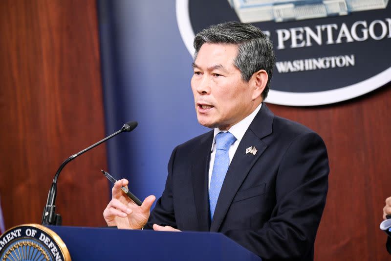 South Korea's National Defense Minister Kyeong-doo participates in a news conference at the Pentagon in Washington