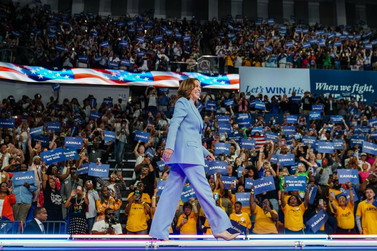 <span>Kamala Harris campaigns in Atlanta, Georgia, on 30 July 2024.</span><span>Photograph: Elijah Nouvelage/AFP/Getty Images</span>