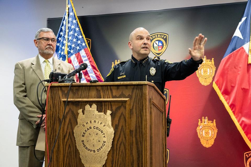 Bexar County Sheriff Javier Salazar and District Attorney Joe Gonzales provide an update Wednesday on the double homicide that is believed to be linked to a subsequent string of shootings in Austin.