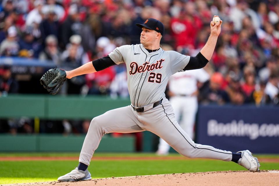 Detroit Tigers pitcher Tarik Skubal (29) throws against Cleveland Guardians during the first inning of Game 2 of ALDS at Progressive Field in Cleveland, Ohio on Monday, Oct. 7, 2024.