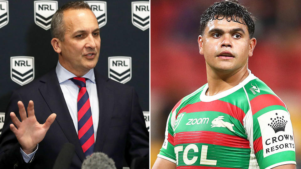 Pictured left is NRL CEO Andrew Abdo next to a photo of South Sydney's Latrell Mitchell.