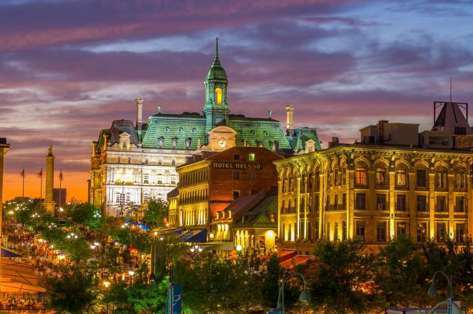 Downtown Montreal at sunset.