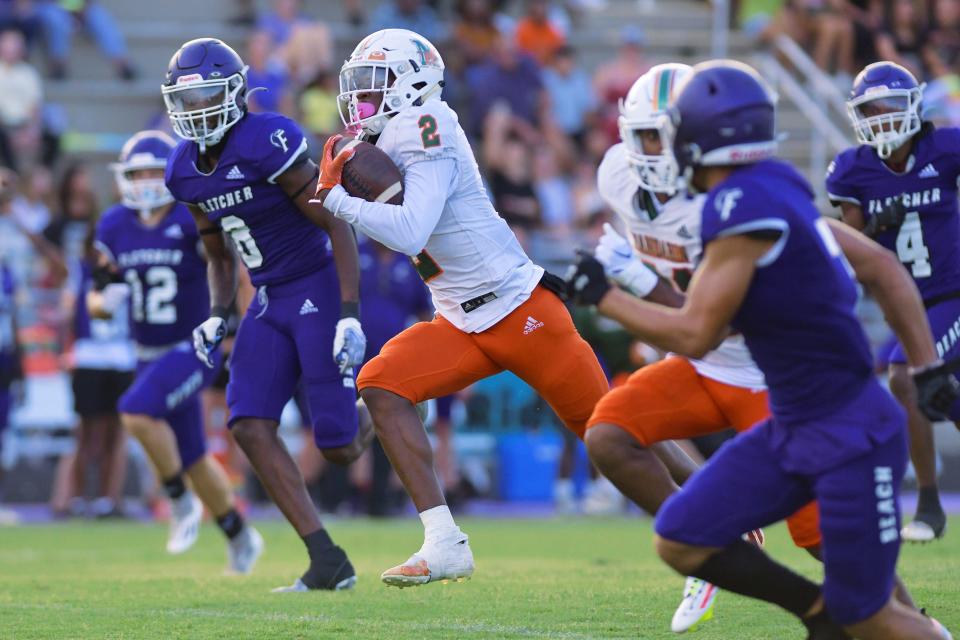 Mandarin wide receiver Jaime Ffrench outruns Fletcher defenders on his way to a 95-yard touchdown in the teams' 2022 meeting. Mandarin and Fletcher face each other in the Aug. 25 season opener.