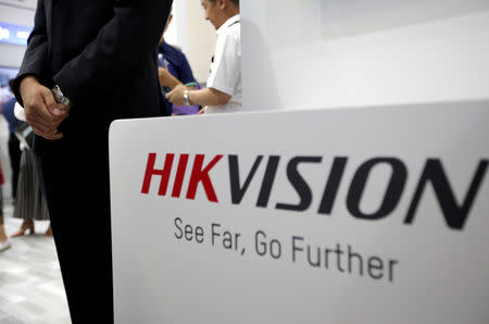 FILE PHOTO: A Hikvision logo is seen at an exhibition during the World Intelligence Congress in Tianjin, China May 16, 2019. REUTERS/Jason Lee/File Photo