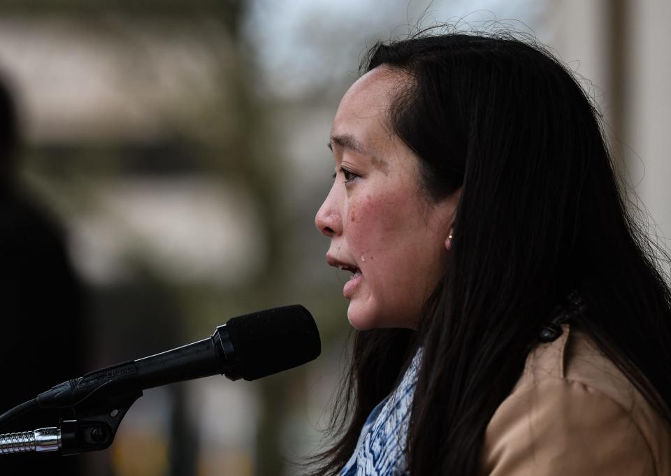 A tear falls from the eye of Sen. Stephanie Chang, D- Detroit, as she speaks during a rally at the state Capitol in Lansing, Mich., Tuesday, May 2, 2022, in support of abortion rights after a draft of the U.S. Supreme Court opinion was leaked in favor of overturning Roe v. Wade.  [AP Photo/Matthew Dae Smith via Lansing State Journal]