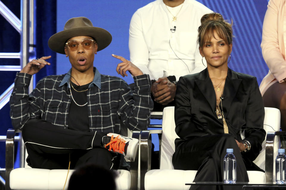 Lena Waithe, left, and Halle Berry participate in the "Boomerang" panel during the BET presentation at the Television Critics Association Winter Press Tour at The Langham Huntington on Monday, Feb. 11, 2019, in Pasadena, Calif. (Photo by Willy Sanjuan/Invision/AP)