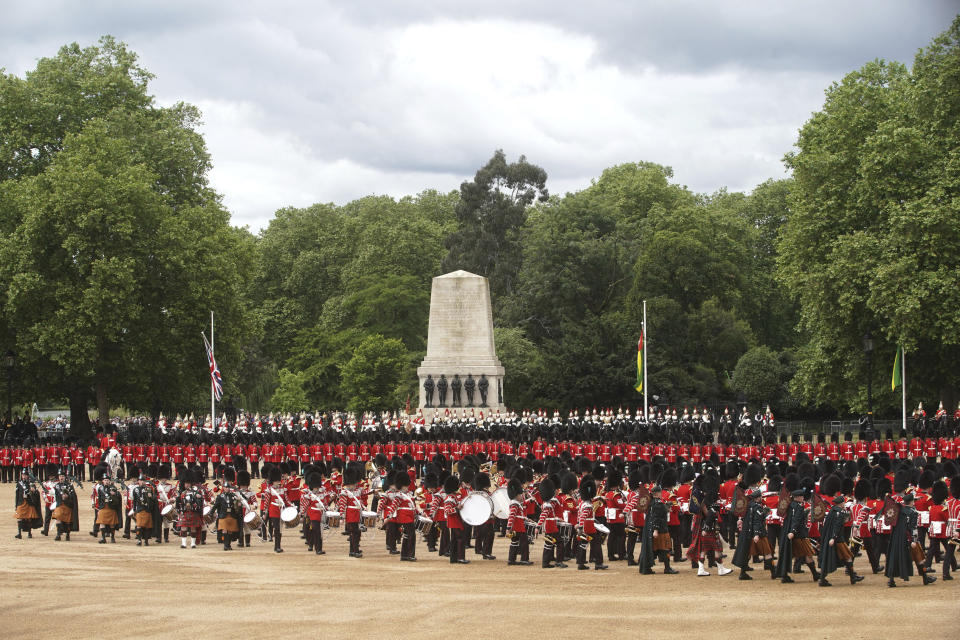 The Colonel's Review, for Trooping the Colour, at Horse Guards Parade in London, Saturday June 8, 2024, ahead of the King's Birthday Parade on June 15. (Jeff Moore/PA via AP)