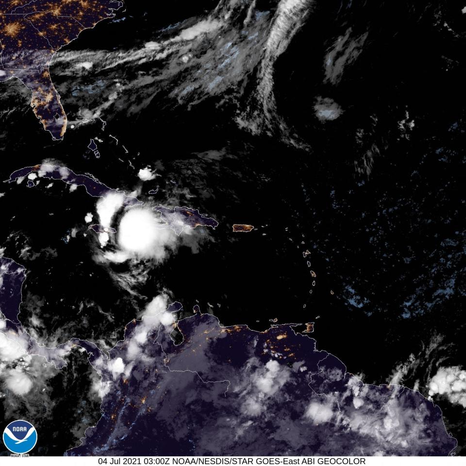 This NOAA/NESDIS/STAR GOES handout satellite image taken on July 4, 2021, shows tropical storm Elsa off the southern coast of Haiti.