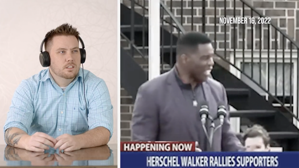 Side-by-side images of a man with a perplexed expression wearing headphones and of Herschel Walker standing before two microphones.