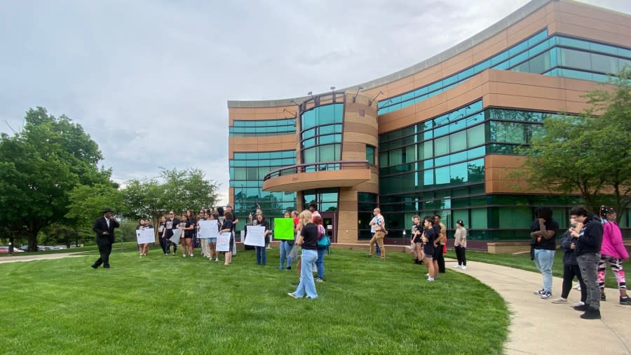 Family members of Riley Doggett gather outside the Kent County Sheriff's Office to demand the release of dashcam video. Doggett died about a month after getting hit by a deputy's cruiser. (May 13, 2024)