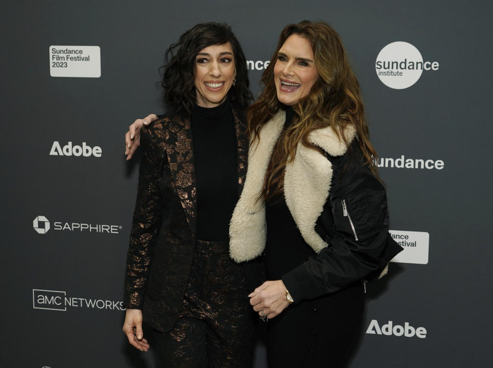 Brooke Shields, right, the subject of the documentary film "Pretty Baby: Brooke Shields," poses with director Lana Wilson at the premiere of the film at the 2023 Sundance Film Festival, Friday, Jan. 20, 2023, in Park City, Utah. (AP Photo/Chris Pizzello)