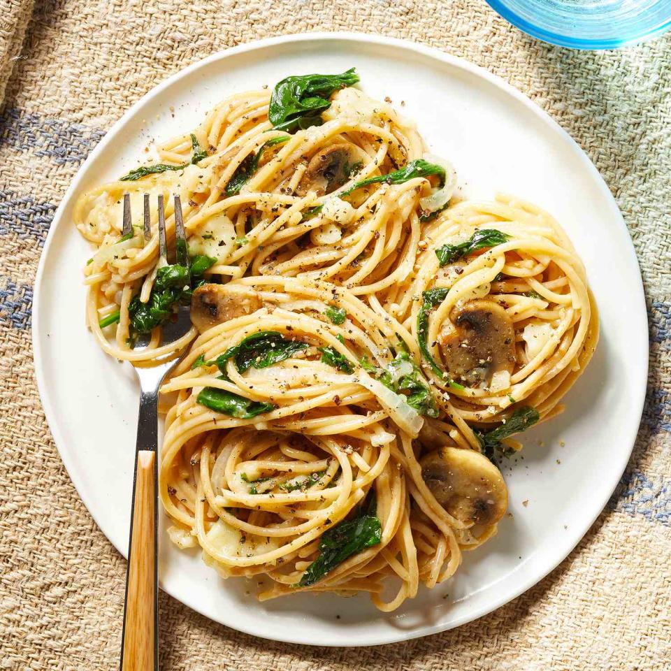 Spaghetti with Baked Brie, Mushrooms & Spinach