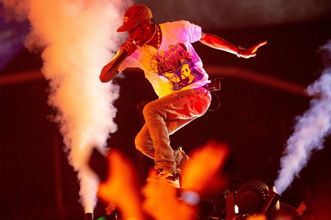 Rapper Travis Scott performs on the Ciroc main stage after being brought out as a surprise guest by fellow rapper Future during the second day of Rolling Loud Miami, an international hip-hop festival, at Hard Rock Stadium in Miami Gardens, Florida, on Saturday, July 23, 2022.