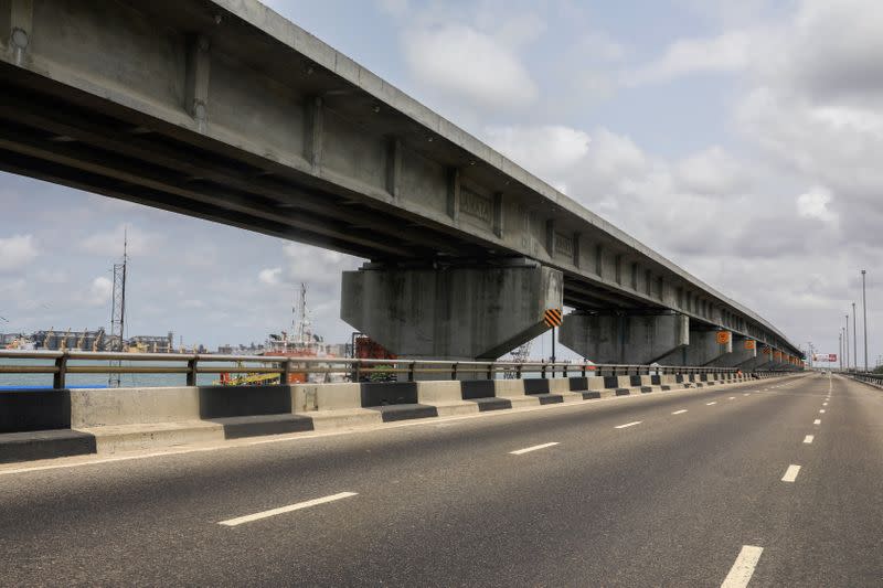 An empty road is pictured in the deserted central business district on the first day of a 14-day lockdown aimed at limiting the spread of coronavirus disease (COVID-19) in Lagos