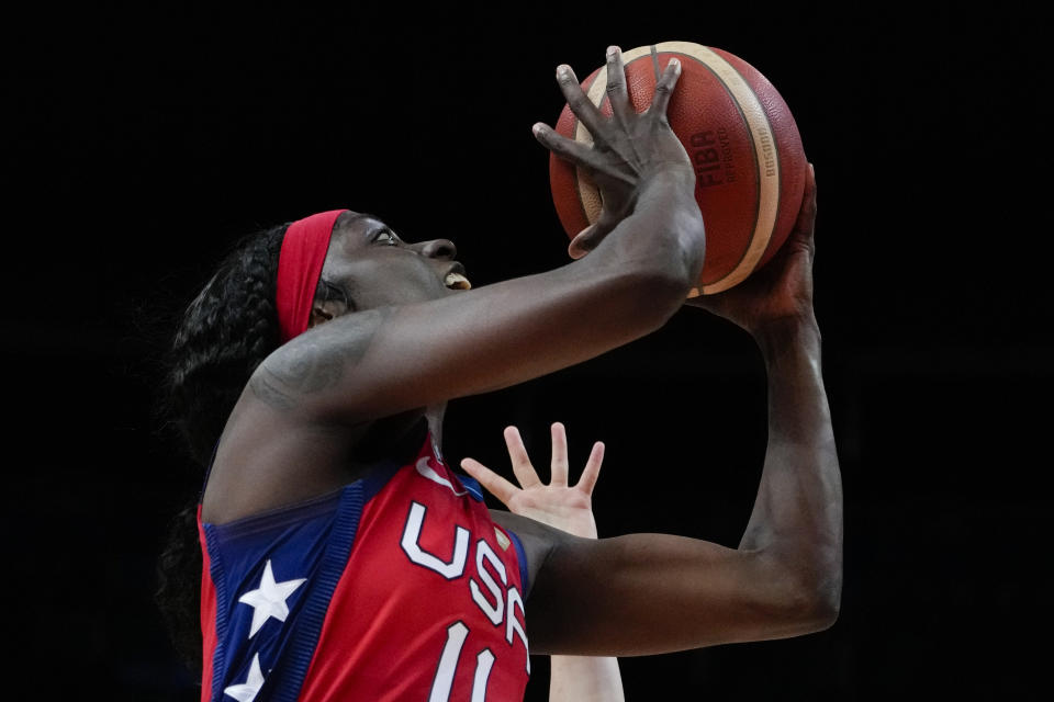 United States' Kahleah Copper lays up to score a goal during their game at the women's Basketball World Cup against South Korea in Sydney, Australia, Monday, Sept. 26, 2022. (AP Photo/Mark Baker)