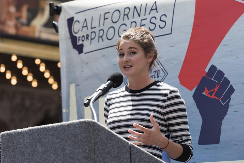 Actress Shailene Woodley speaks during the Enough is Enough protest in Los Angeles California, August 27, 2016.