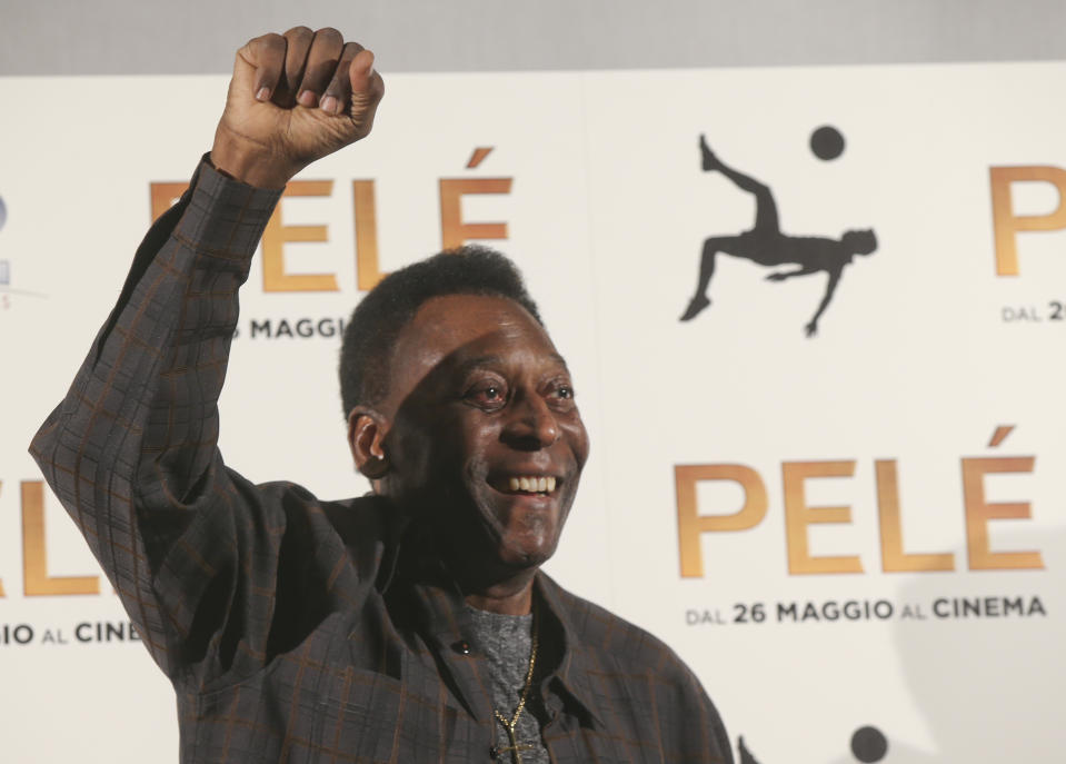 FILE - Brazilian soccer legend Edson Arantes Do Nascimiento better known as 'Pele', gestures during a photocall of the movie 'Pele', in Milan, Italy, Wednesday, May 25, 2016. Pelé, the Brazilian king of soccer who won a record three World Cups and became one of the most commanding sports figures of the last century, died in Sao Paulo on Thursday, Dec. 29, 2022. He was 82. (AP Photo/Luca Bruno, File)