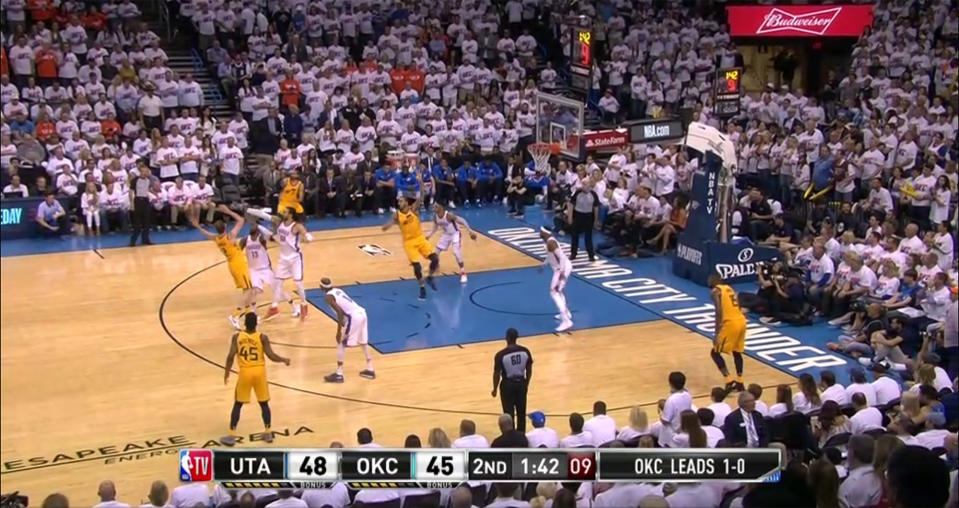 Russell Westbrook leaves Ricky Rubio alone at the 3-point arc in the second quarter of Game 2. (Screencap via NBA)