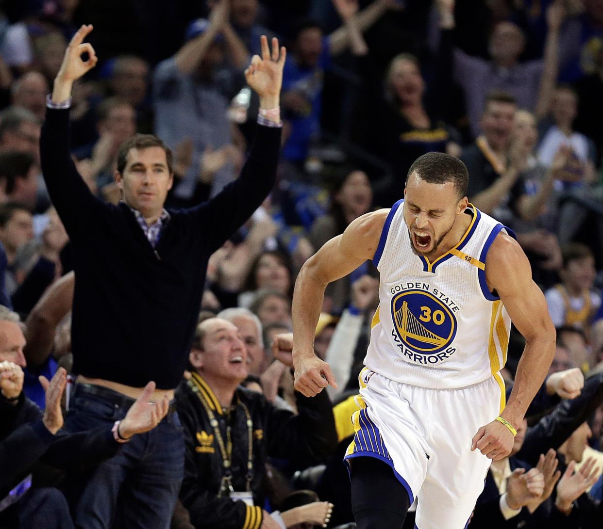 Stephen Curry and the Warriors were fired up and firing on all cylinders against the Cavaliers on Monday. (AP)